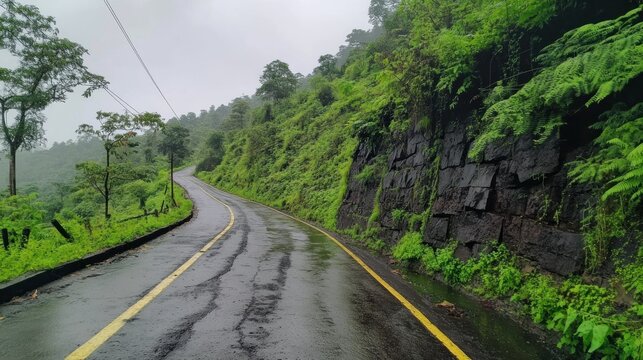 Winding mountain road in lush greenery after rain.