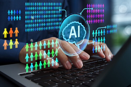 AI-driven customer segmentation and demographic analysis of customer attributes. Target market and audience analytics. Businessperson using laptop computer to analyze statistical data.