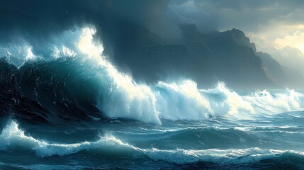 A dramatic image of ocean waves crashing against a coastline under a cloudy sky. The waves are large and powerful, with white foam and spray. The lighting is dr