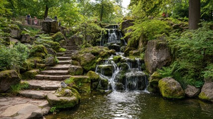 Cascade waterfall in a lush city park, Hamburg, Germany with emerald greenery and tranquil water