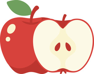 A clean and modern illustration of a whole red apple with a fresh apple slice and green leaf. Perfect for food icons, educational materials, stickers, packaging, and healthy lifestyle designs