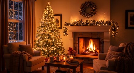 Warm holiday living room scene with glowing decorations