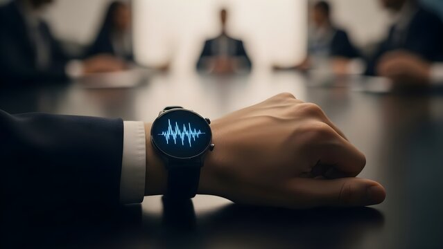 A persons hand with a smartwatch displaying a waveform is resting on a table in a meeting.