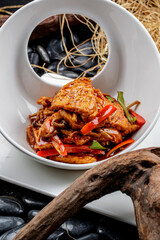 Sweet and sour seafood mushrooms and fried tofu