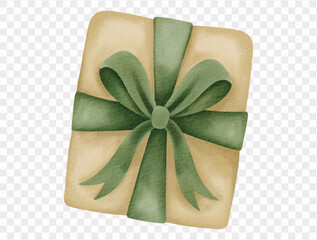 Watercolor green gift box illustration for Christmas holiday design. Vector.