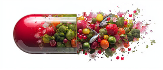 AI generator image of The concept of "superfoods" or foods with high nutritional value is modeled as medicine capsules filled with various fresh fruits and vegetables, which represents the utilization