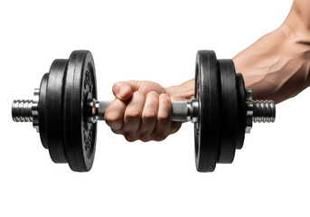 Man's muscular arm gripping a heavy adjustable dumbbell during an intense and powerful fitness workout