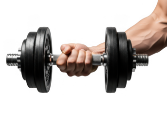 Man's muscular arm gripping a heavy adjustable dumbbell during an intense and powerful fitness workout