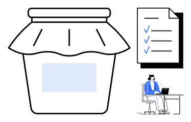 Workflow organization concept. Workflow is streamlined with checklist planning, resource management thumbs up jars for storage, and remote work adaptability. Perfect for productivity, task
