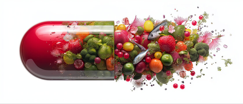 AI generator image of The concept of "superfoods" or foods with high nutritional value is modeled as medicine capsules filled with various fresh fruits and vegetables, which represents the utilization