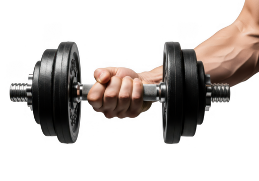 Man's muscular arm gripping a heavy adjustable dumbbell during an intense and powerful fitness workout