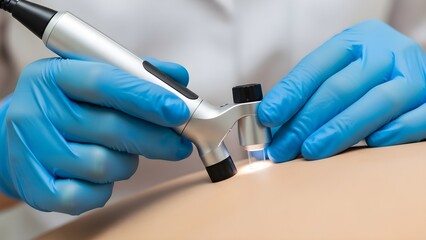 Doctor in blue gloves examines skin with dermatoscope