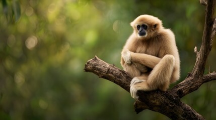 Obraz premium Serene gibbon portrait bathed in warm light a peaceful wildlife moment in lush rainforest beauty