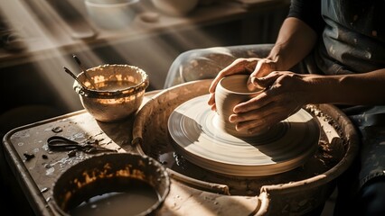 Fototapeta premium Hands shape clay on a spinning pottery wheel in a sunlit workshop.