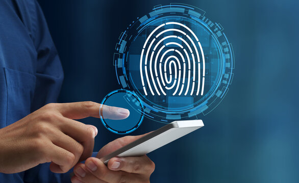 Fingerprint authentication. Secure biometric identification technologies. Man tapping smartphone to use passwordless authentication system. Fingerprint icon.