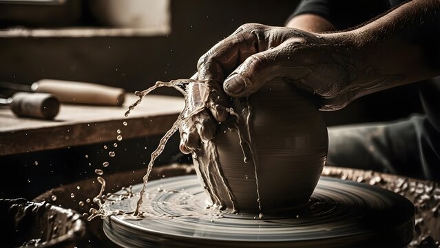 Closeup of a potters hands skillfully shaping wet clay on a spinning pottery wheel in a workshop.