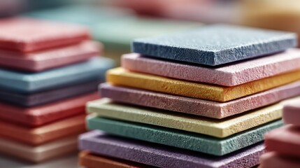 Colorful stacked paper sheets creating a vibrant display of textures and hues in a creative workspace setting