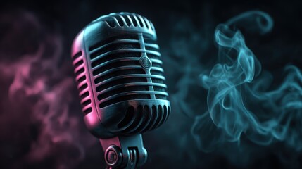 Vintage microphone with colorful lights and smoke creating a dynamic atmosphere for a live performance
