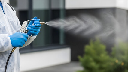 Professional Pest Control Technician Spraying Preventive Insecticide on Building Exterior
