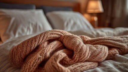 Cozy knit blanket draped over a neatly made bed in a warm room with soft lighting