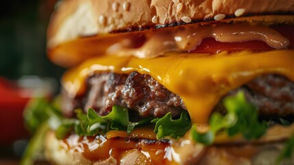 Delicious cheeseburger with fresh lettuce, tomato, and savory sa