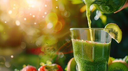 Fresh green smoothie being poured into a glass surrounded by vib