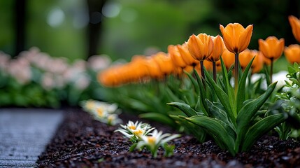 Close-up of vibrant orange tulips in a garden, with raindrops on the petals. The image is taken outdoors, showcasing a moody atmosphere.