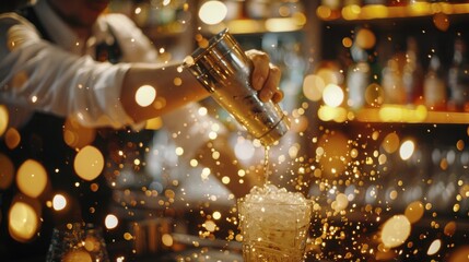 Bartender skillfully prepares a cocktail at a vibrant bar with w