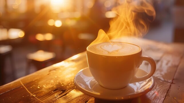 Enjoying a warm cup of coffee with latte art in a cozy cafe duri