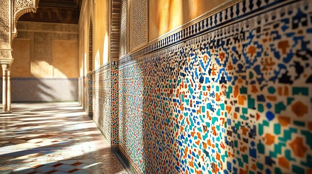 Closeup of vibrant, colorful geometric mosaic tile wall reflecting sunlight in an ancient moorish palace corridor, likely the alhambra - Powered by Adobe