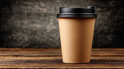 Single Disposable Coffee Cup on Wooden Surface with Dark Background