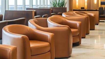 Fototapeta premium Row of empty tan leather armchairs in a modern lounge area