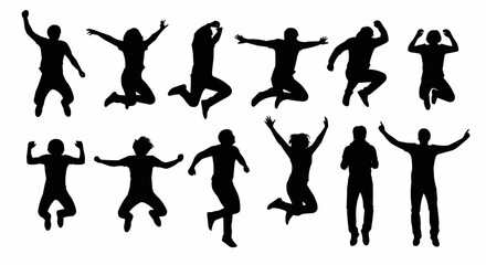 Silhouettes of people jumping in the air, celebrating and expressing joy.