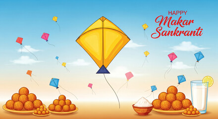 Colorful kites fly above laddu and milk for Makar Sankranti festival celebration