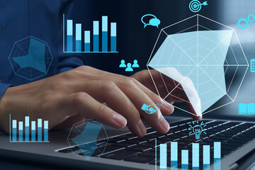 IT skills and personnel evaluation. Business skills and project management. Businessperson using laptop computer.