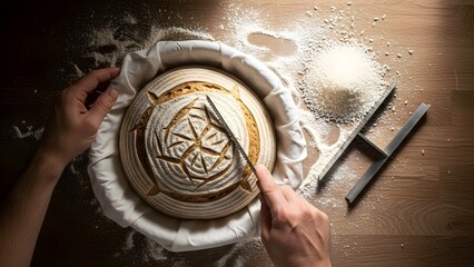 A persons hands are carefully scoring the top of a round sourdough bread loaf in a proofing basket surrounded by flour on a wooden table.