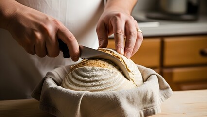 A bakers hands scoring a rustic loaf of uncooked bread dough with a sharp blade before baking.