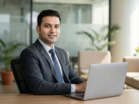 Indian businessman clean shaven side shot in formal suit working on laptop subtle smile in modern corporate office