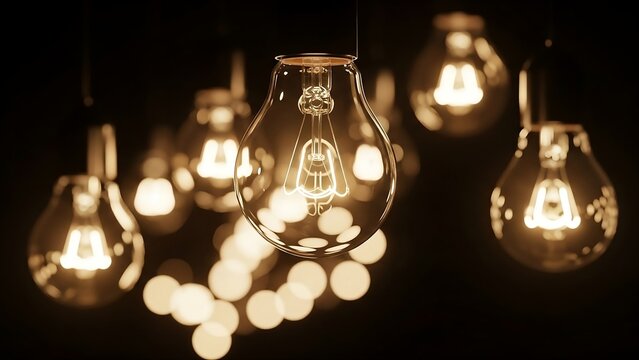 A warm glowing scene of hanging light bulbs against a dark background. Soft golden illumination and bokeh lights create a modern, elegant, and inspirational atmosphere - Powered by Adobe
