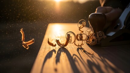 A carpenter planes wood creating delicate curls in the sun.