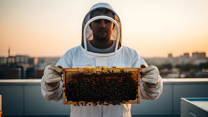 A beekeeper in a protective suit holds a frame of honeycomb at sunset.