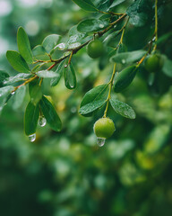 Fototapeta premium AI generator image of green leaf with water drops on it. Rambutan, Fresh green walnuton branch with dew drops in sunlit orchard scene. Close-up of feijoa berries on a branch, surrounded by glossy 