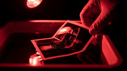 A gloved hand holds a developing photo in a darkroom under a red light.