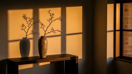 Two vases with branches sit on a wooden table with window light and shadows.