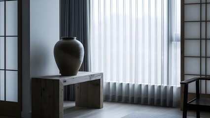 A tranquil minimalist interior features a ceramic vase on a rustic wooden table illuminated by a large window.