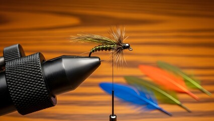 A fly fishing lure is being tied onto a hook with colorful feathers in the background.