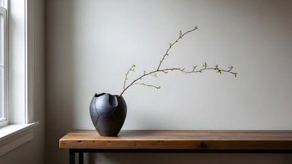 A minimalist interior showcases a unique dark vase with budding branches on a wooden table.