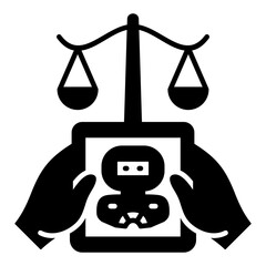 AI Justice Technology Glyph Icon. Integrating Artificial Intelligence into Legal Systems via Digital Tablet - Ensuring Fairness and Impartiality in Data-Driven Decisions.