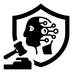 AI Regulation and Legal Protection Shield with Gavel Glyph Icon. Cyborg Head Inside a Shield with a Judge's Gavel, Symbolizing AI Law, Defense, and Judicial Control over Artificial Intelligence