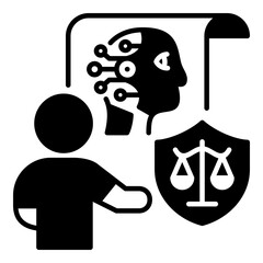 AI Law Consultant and Technology Regulation Glyph Icon | Person Presenting AI Data/Cyborg Head with Justice Scales on a Shield, Symbolizing Tech Legal Advice and Future Governance